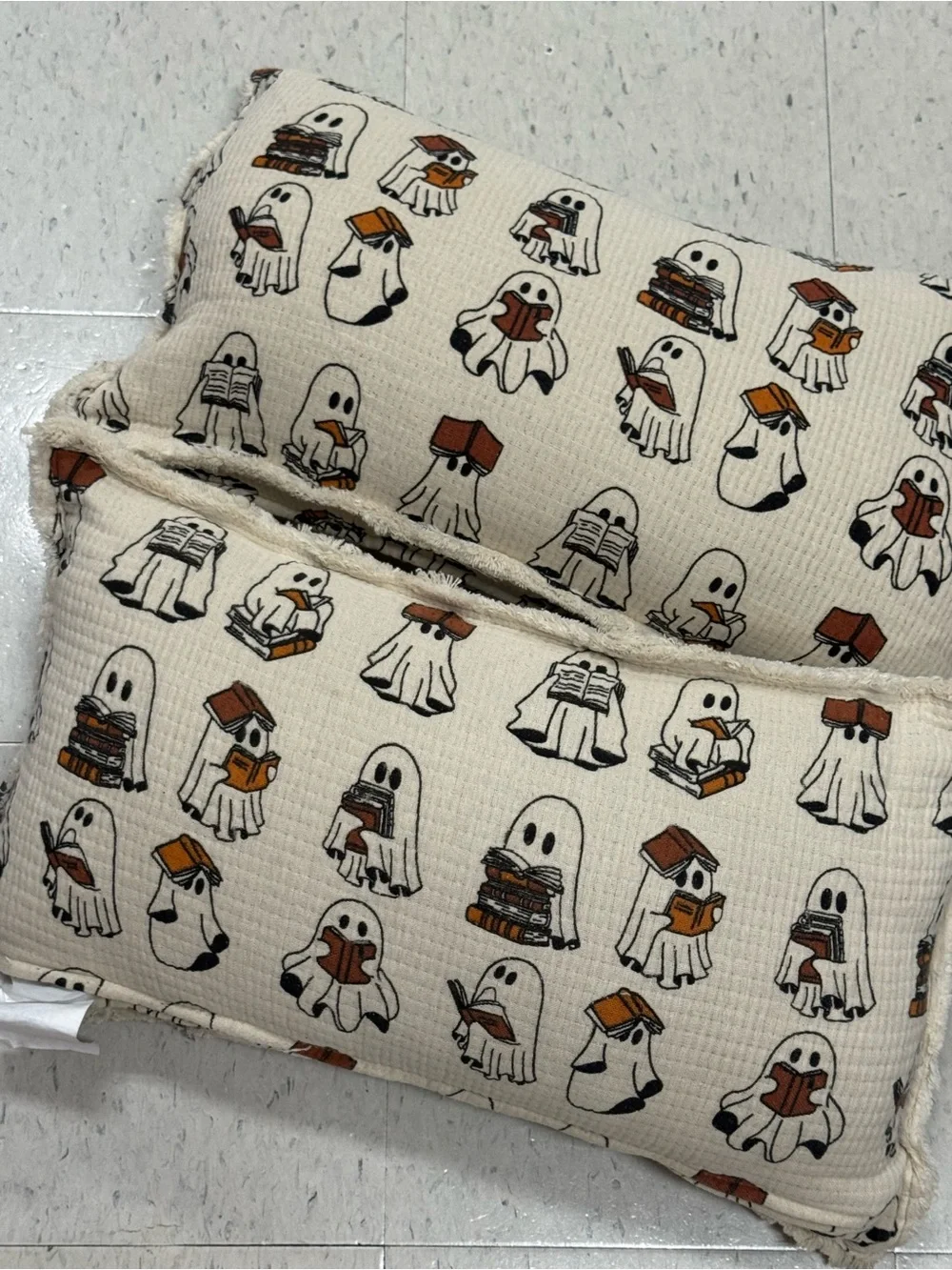 2 Cute Reading Ghost Print Pillows - Cream with Brown & Black Accents
